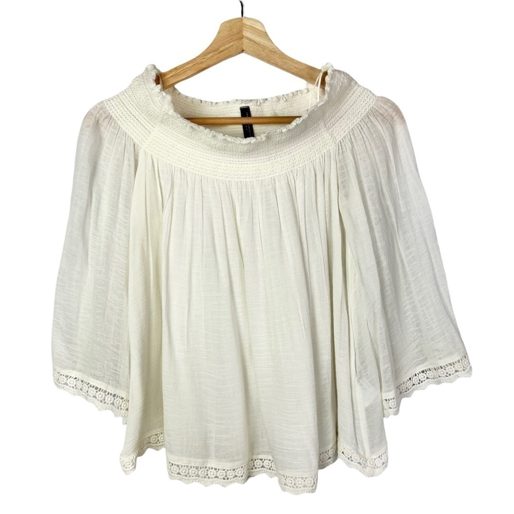 Zara Ivory White Smocked Crepe Off Shoulder Long Sleeve Blouse XS
